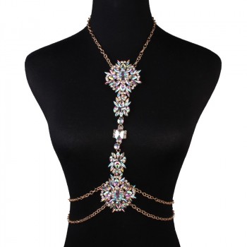 'Anja' Gold body chain with big rhinestones